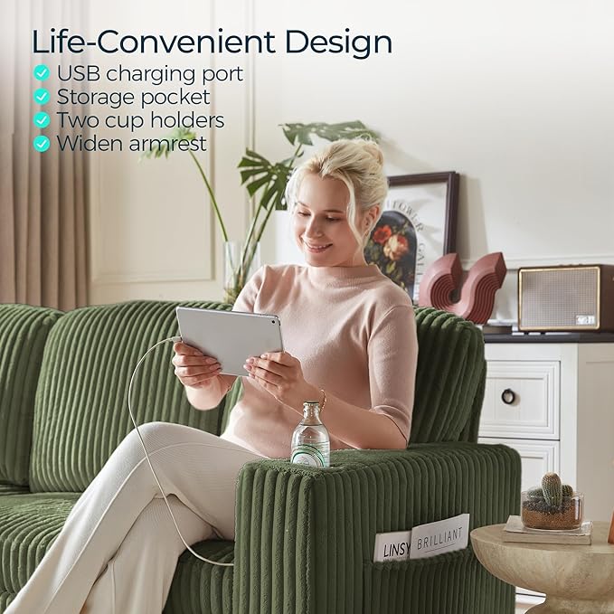 LINSY HOME Pull Out Sleeper Sofa Sectional Couches for Living Room L Shaped Plush Corduroy Couch with Storage&ampUSB Charging Convertible Cloud Sectional Sofa Bed for Apartment Green