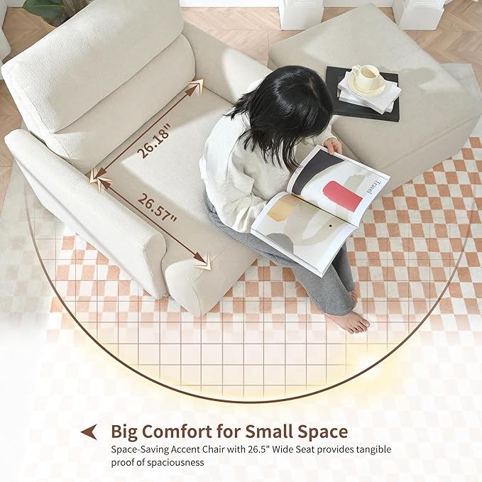 Snowflake Fleece Oversized Accent Chair with Storage Ottoman - 26.57 Wide Deep Seat Reading Chair Convertible Daybed 400lbs Capacity for Living Room &amp Apartment (Beige)