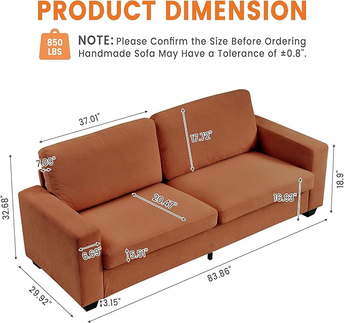 Garvee Modern Loveseat Sofa for Living Room 83 Comfy Corduroy Couches Removable Cover Cloud Couch with Deep Seat Sofa Solids Wood Frame Easy Assembly for Apartment Small Spaces Red