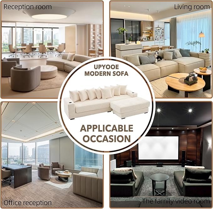 Sleeper Sofa Bed King Corduroy Modular L Shaped Sofa Oversized Reversible Chaise Lounge Modern Sectional Couch with Ottoman Cup Holder Side Pocket 8 Pillows for Living Room Beige