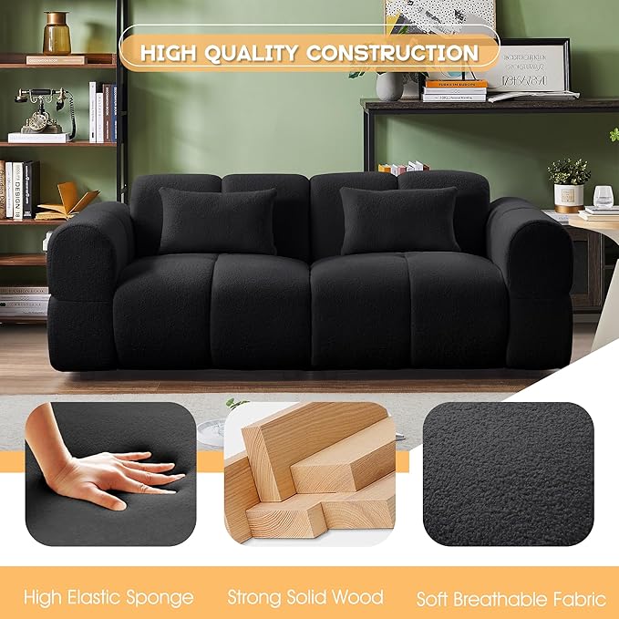 80 Modern Sofa Couch Comfy Deep Seat Teddy Cloud Sofa Upholstered 3-Seater Boucle Couch Oversized Loveseat for Living Room Bedroom Office Apartment(Black)