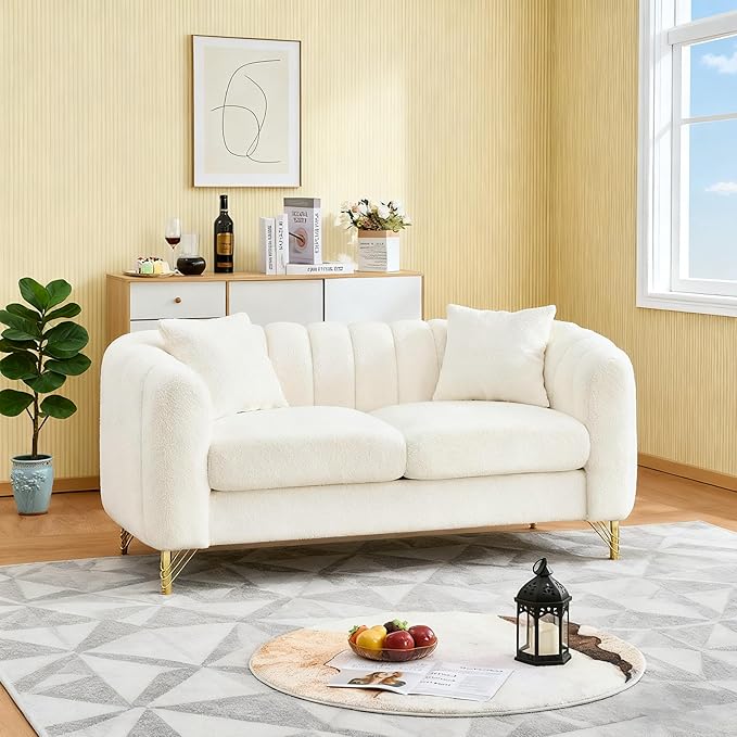 Loveseat Velvet Fabric Two- Seater Couch Buckle Design and Rivet Decoration Deep Seated Double Sofa Suitable for Living Room Bedroom Apartment Hotel etc (beige-06)