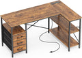 Huuger L Shaped Office Desk with Power Outlets 47 Inch Computer Desk with 3 Drawers Shelves for Gaming Corner Work Home Office Study Rustic Brown