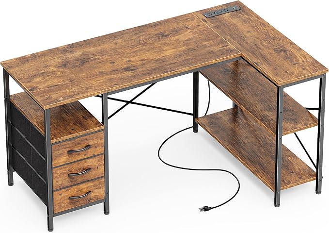 Huuger L Shaped Office Desk with Power Outlets 47 Inch Computer Desk with 3 Drawers Shelves for Gaming Corner Work Home Office Study Rustic Brown