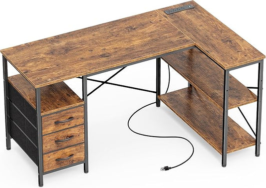 Huuger L Shaped Office Desk with Power Outlets 47 Inch Computer Desk with 3 Drawers Shelves for Gaming Corner Work Home Office Study Rustic Brown