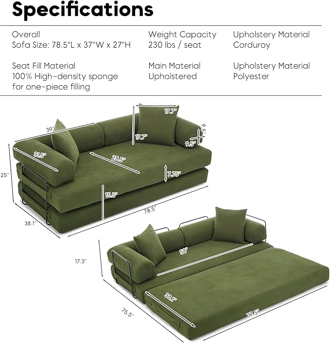Convertible Sleeper Sofa Bed with Cylindrical Pillow Corduroy Folding Mattress Couch with Fixed-Shape Frame Floor Sofa Lounge Couch for Living Room Bedroom Lounge Studio-Green