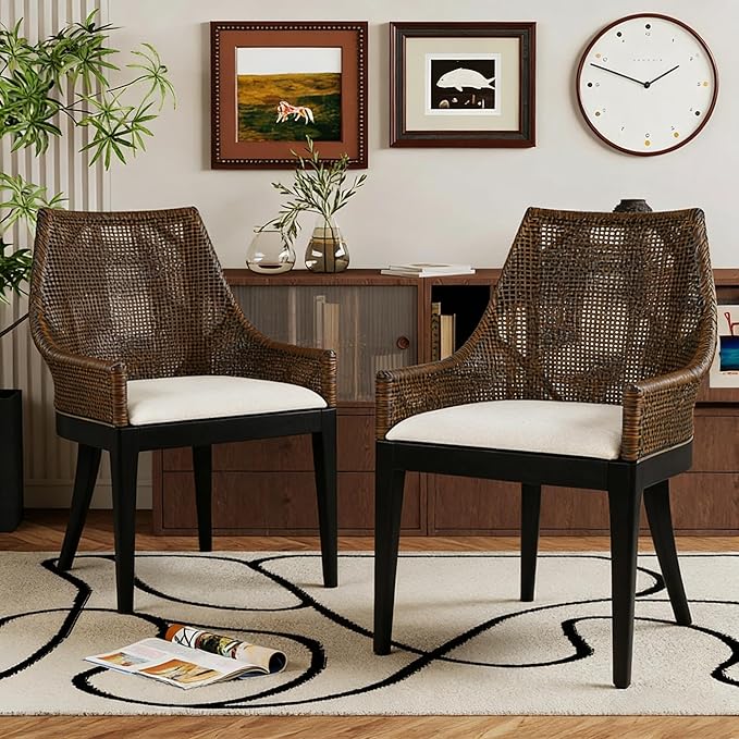 DUHOME 2 Sets Natural Cane Mesh Rattan Accent Chairs Tropical Coastal Woven Back Armchairs with Beige Fabric Cushion &amp Black Tapered Wood Legs Coastal Chairs for Living Room Bedroom