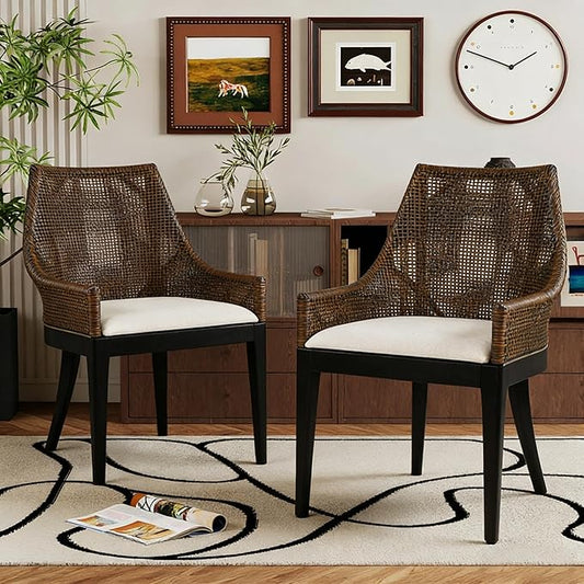 DUHOME 2 Sets Natural Cane Mesh Rattan Accent Chairs Tropical Coastal Woven Back Armchairs with Beige Fabric Cushion &amp Black Tapered Wood Legs Coastal Chairs for Living Room Bedroom