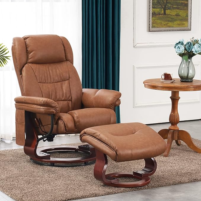 MCombo Swivel Recliner with Ottoman Faux Leather TV Chair with Vibration Massage Ideal for Small Space Living Room &amp Bedroom 4734 (Saddle)