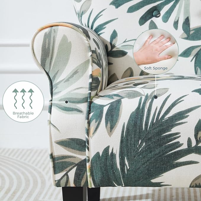 MELLCOM Mid Century Wingback Arm ChairModern Upholstered Fabric High Back Accent Chair with Wood LegsUpholstered Single Sofa Club Chair for Living Room Bedroom Home Office Green Leaves