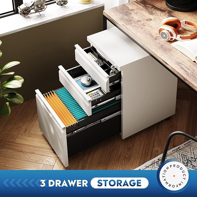 DEVAISE 3 Drawer Mobile File Cabinet with Lock Under Desk Metal Filing Cabinet for Home Office/Legal/Letter/A4 File Fully Assembled Except Wheels White