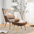 HomeMiYN Accent Patchwork Chair with Ottoman Set Fabric High Wingback Chair Comfy Bohemian Flax Design with Throw Pillow for Living Room Bedroom Patchwork Brown