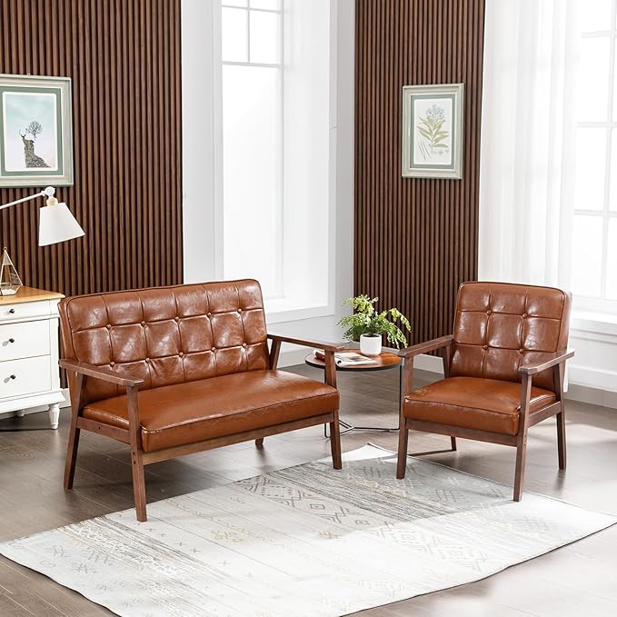 Okeysen Modern Loveseat Sofa SetUpholstered Leather Couch Love Seats 2-Seat &amp Accent ChairLiving Room Furniture SetsSmall Couches for Small Spaces Living RoomApartmentOffice(Brown)