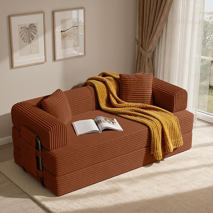 Convertible Corduroy Sleeper Sofa Bed with Cylindrical Pillow Folding Mattress Couch with Fixed-Shape Frame Floor Sofa Lounge Couch for Living Room Bedroom Lounge Studio Red Brown