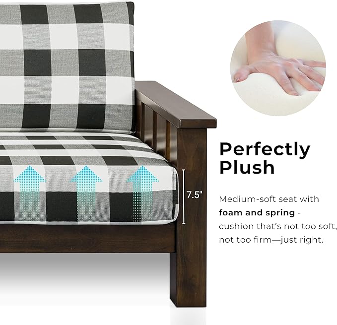 Furniture of America Gavik Modern Solid Wood Arm Chair with Plaid Removable Cushions Black and White Upholstery Fabric Comfortable Upholstered Seating for Living Room Guest Room Dark Walnut