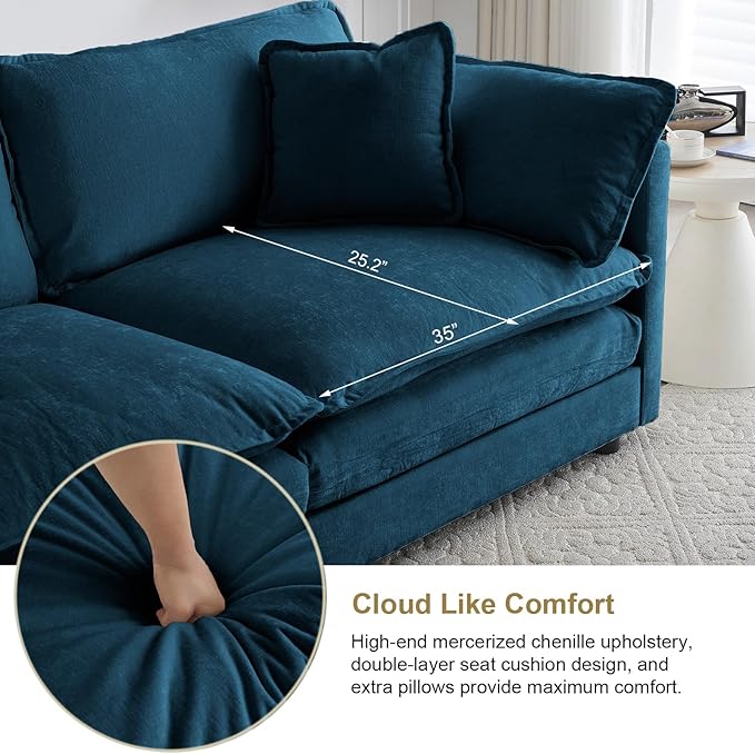 KIVENJAJA 41.4”W Oversized Sofa Chair with Ottoman Modern Chenille Deep Seat Single Couch Armchair Comfy Chaise Lounge Indoor with Pillow for Living Room Bedroom Apartment Blue