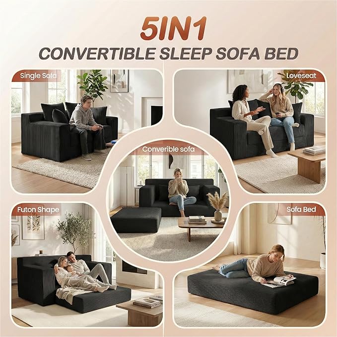 5 in 1 Convertible Sofa BedSmall Boneless Couch Pull Out Loveseat Sleeper SofaCorduroy Futon Couch Folding Mattress with 4 Pillows for Living Room Bedroom Lounge (No Assembly)
