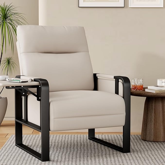 Aklaus Multifunctional Iron Frame Accent Chair with Foldable Side Table Reading Papasan Armchair with Extra Soft Cushion Oversized Chair for Living Room Office Bedroom Study (Beige Pack of 1)