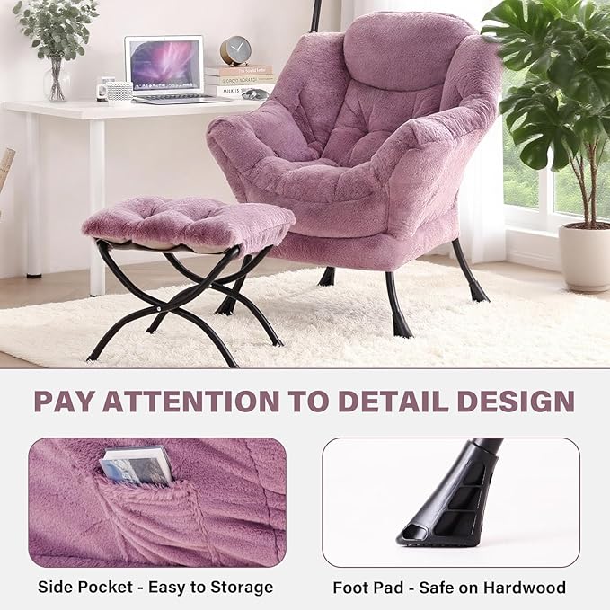 Tiita Lazy Chair with Ottoman Purple Modern Large Accent Chair Comfy Leisure Sofa Armchair with Ottoman Reading Chair with Footrest for Bedroom Living Room Dorm Rooms Plush Purple