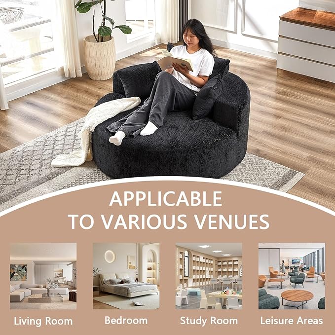 55''W Oversized Round Chair with PillowsComfy Chenille Single ChairOversized Accent Chair with Deep Seat Modern Large Reading Chairs for Living Room &amp Bedroom (Black)