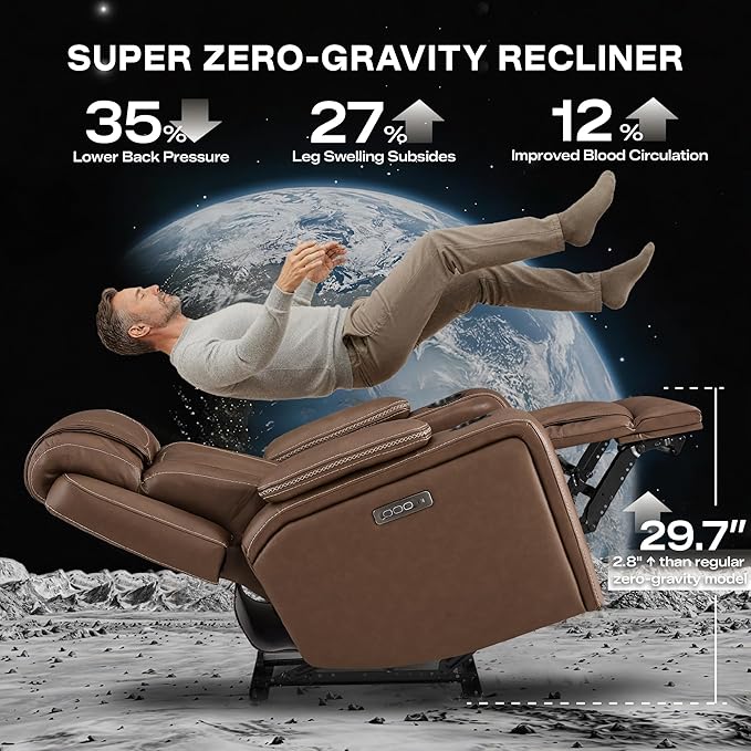 Watson &amp Whitely Genuine Leather Electric Recliner Chairs Oversized Super Zero Gravity Recliner Triple-Motor W Adjustable Lumbar Headrest Support &amp Hidden Storage Cafe Brown