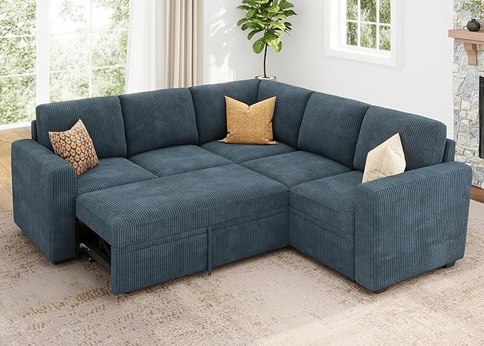 HONBAY Modular Sectional Sleeper Couch with Pull Out Bed Corduroy L Shaped Sofa with Storage Convertible Sectional Couches for Living Room Blue