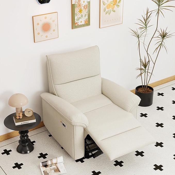 KEIKI Wall Hugger Recliner Chair Zero Wall Electric Recliner Chairs with USB Port Electric Recliner for Living Room Fabric Reclining Armchair for Small Space Beige
