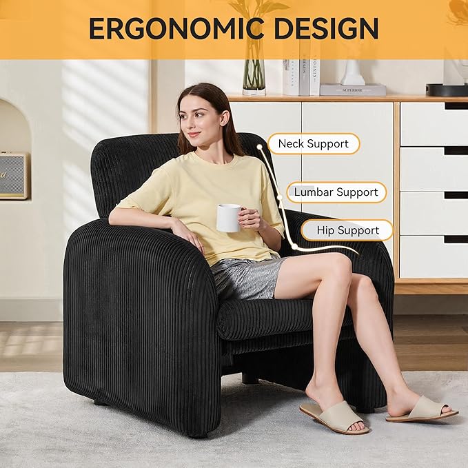 Modern Accent Chair Comfy Upholstered Corduroy Armchair Stylish Lounge Reading Chair for Living Room Bedroom Black