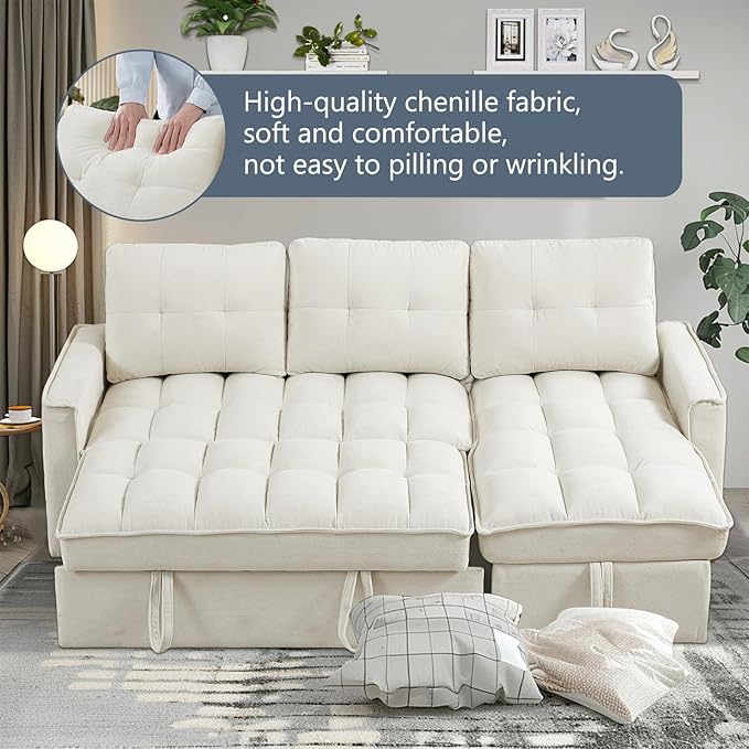 78.75 Sleeper Sofa CouchModern L-Shaped Couches Pull Out Couch with USB Ports&ampSide PocketSleeper Sectional Sofa for Living Room ApartmentChenille(Beige)