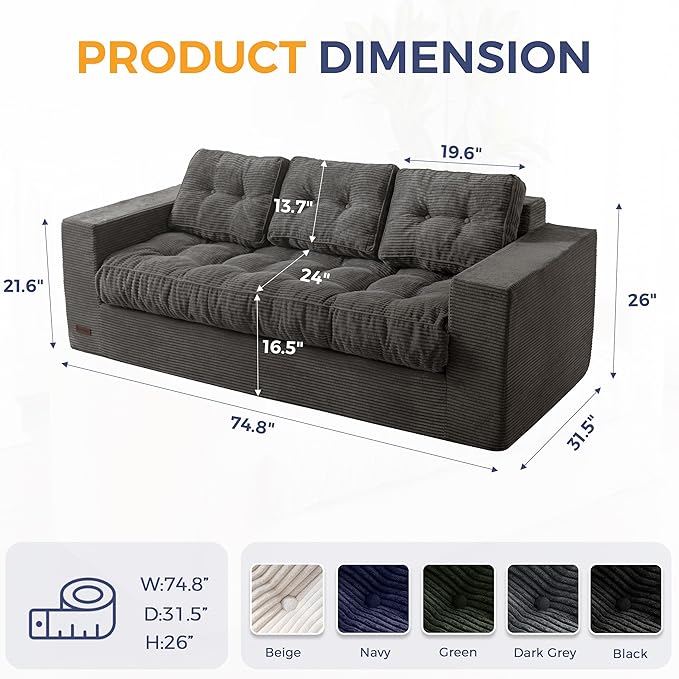 MAXYOYO 3 Seater Couch for Living Room Boneless Couch with Tufted Cushion &amp Backrest Upholstered Floor Sofa with Armrests Sofa in A Box No Assembly Required Dark Grey