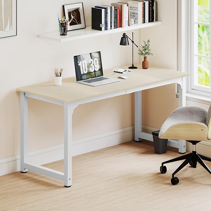 NSdirect Large Office Desk for Home Office Large 63 Computer Desk Table Wide Writing Study Desk for 2 Person Metal Sturdy Frame Thicker Steel Legs (White Oak 63L x 23.6W x 29.5H)