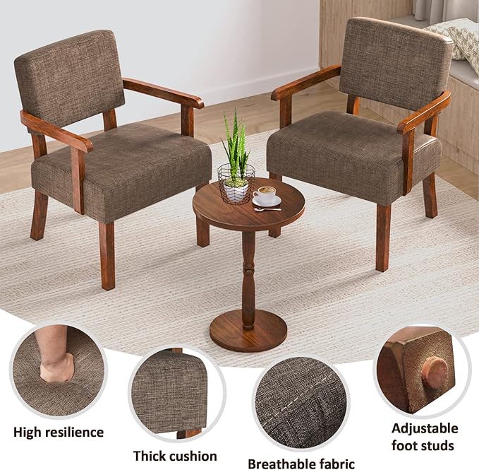 Accent Chair Set of 2 with Table Living Room Chairs with Soft Seat &amp Armrests for Living Room Bedroom Reading Room Waiting Room (Brown) (AC01)
