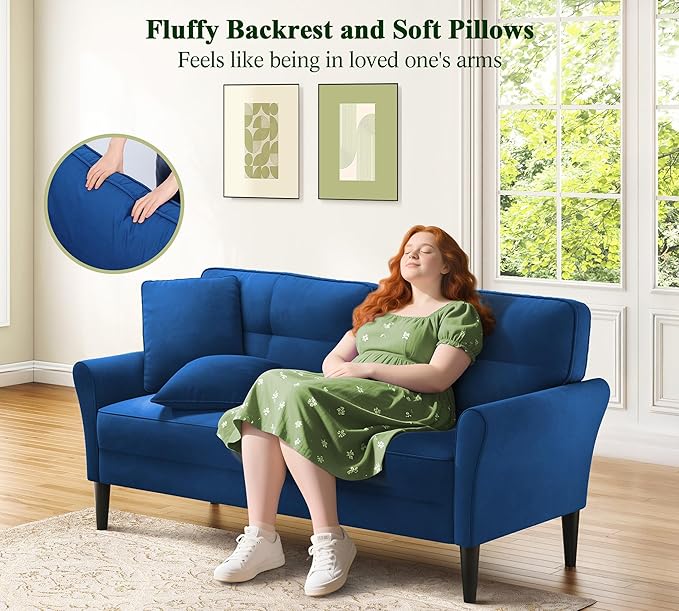 Loveseat Sofa 69 Love Seat Couches Comfy Velvet Small Sofa Couch for Bedroom with 2 Pillows Tool-Free Setup Sofas &amp Couches 700lb Load Sofas for Living Room Mini Couch for Bedroom Blue Couc