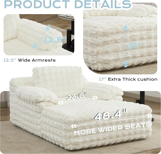 Oversized Lounge Chair Plush Faux Fur Comfy Reading Chair Boneless Chaise Sofa Recliner Bed Sleeper Couch with Wide Pillow Armrest for Living Room Bedroom (White)
