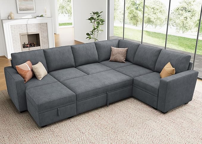 HONBAY Modular Sectional Couch with Pull Out Bed Chenille Sleeper Sofa with Storage Seats Ottoman U Shaped Sectional Couches for Living Room Bluish Grey