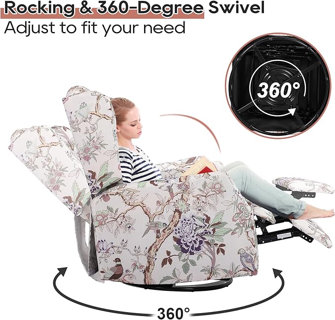 Swivel Rocker Recliner Chair with Patterned Fabric 360° Swivel &amp Gentle Rocking Motion Wingback Reclining Chair for Adults Living Room Accent Rocker Armchair with Push-Back Recline (Print)