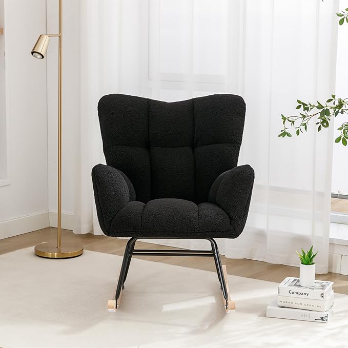 Setawix Teddy Fabric Rocking Accent ChairMid Century Modern Rocking Glider ArmchairLeisure Tufted Rocker Arm Chair for NurseryBedroomLiving Room (Teddy Black 27.6)