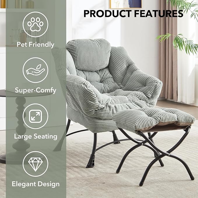 NIOIIKIT Leisure Lazy Chair with Ottoman Corduroy Upholstered Lounge Armchair with Side Pocket Comfy Reading Chair Lazy Sofa Chair for Living Room Bedroom Office (Light Green)