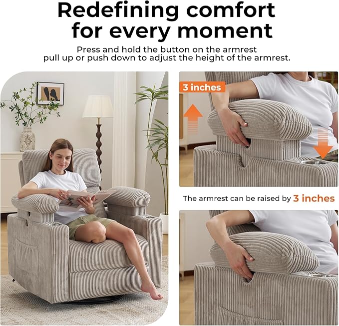 Power Recliner with Adjustable Armrests Rocking Chair Nursery with Massage and Heat Electric Glider Recliner Nursing Chair for Breastfeeding Swivel Rocker Recliner Corduroy Grey