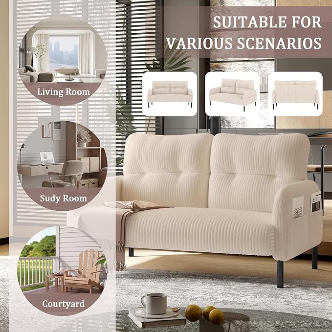 Corduroy Loveseat for Living Room &amp Bedroom - Modern 2-Seater Sofa with Storage PocketsSolid Wood Frame High-Density FoamComfortable Compact Couch for Small Spaces500 lb Capacity (Beige)