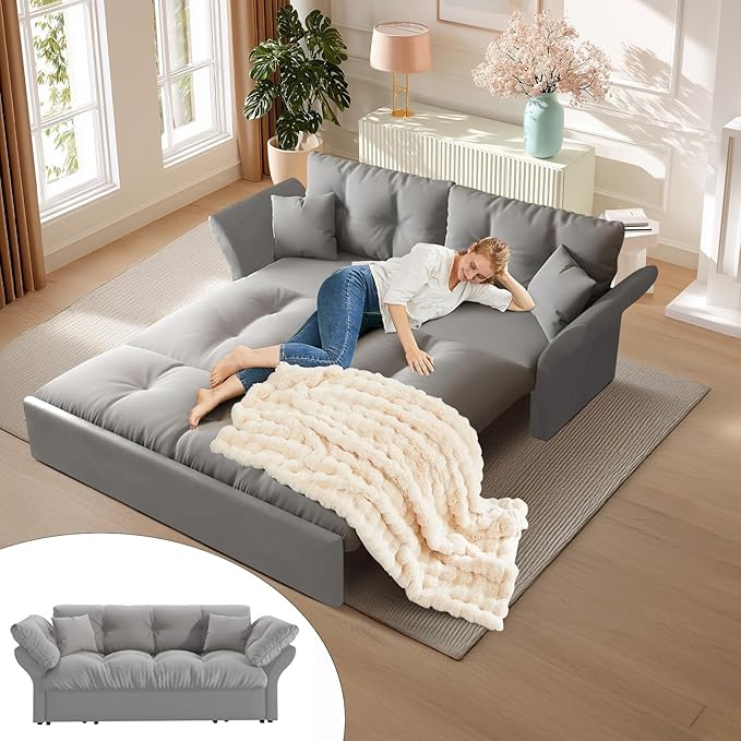 74.8 Queen Pull Out Sofa Bed 3-in-1 Convertible Sleeper Sofa Velvet Small Loveseat for Small Spaces Comfy Cloud Pullout Couches Multi-Functional Couches for Living Room Apartment and Office
