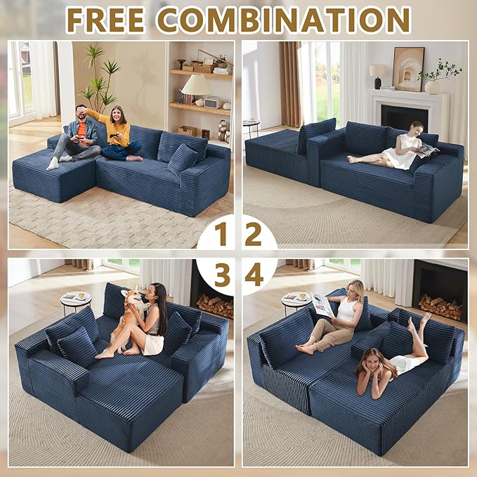 Minimalist Boneless Cloud Couches for Living Room Corduroy L Shaped Modular Sectional Sofa Couch W/Deep Seat &amp High-Back Comfy Memory Foam Couch Sofa in A Box (Blue Left Facing Chaise)