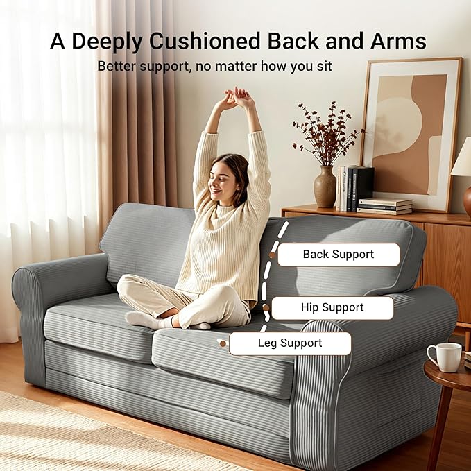 Claiks 83 Corduroy Loveseat Sofa for Living Room Boneless Sofa with Wide Rounded Armrest Deep Cushioned Couch with Lock-Stitched Edges Skin-Friendly Cloud Couch White Light Grey | Corduroy Bone