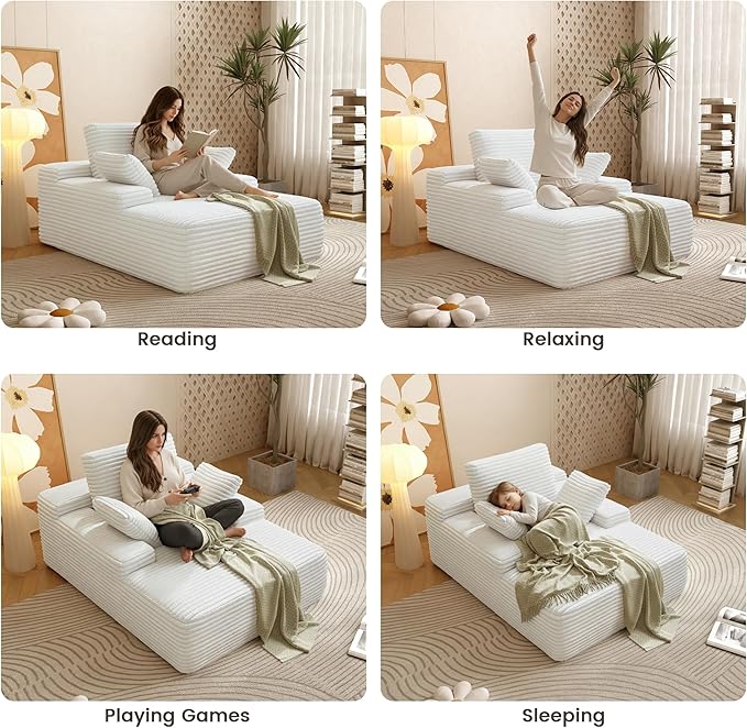 67'' Chaise Lounge Chair Indoor Oversized Boneless Sofa Bed Fluffy Corduroy Sleeper Sofa for Apartment Bedroom Living Room Comfy Cloud Boneless Couch Reading Recliner No Assembly Beige