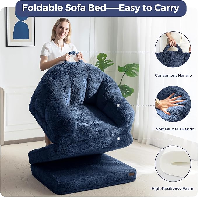 MAXYOYO Folding Sofa Bed 2 in 1 Convertible Sofa to Lounger Comfy Single Bean Bag Chair for Adults Floor Sleeper Couch with Handle Faux Fur Couch Bed for Living Room Bedroom Navy