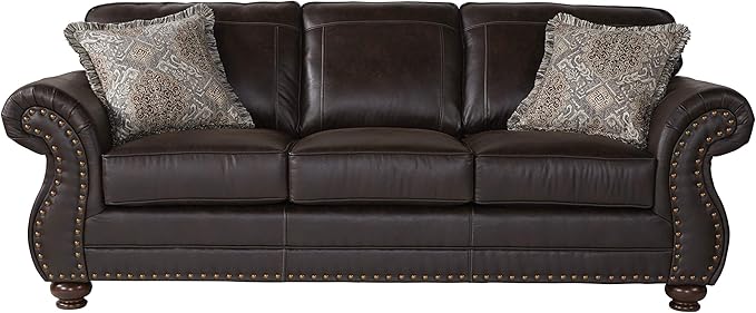 Leinster Faux Leather Sofa with Antique Bronze Nailheads in Espresso