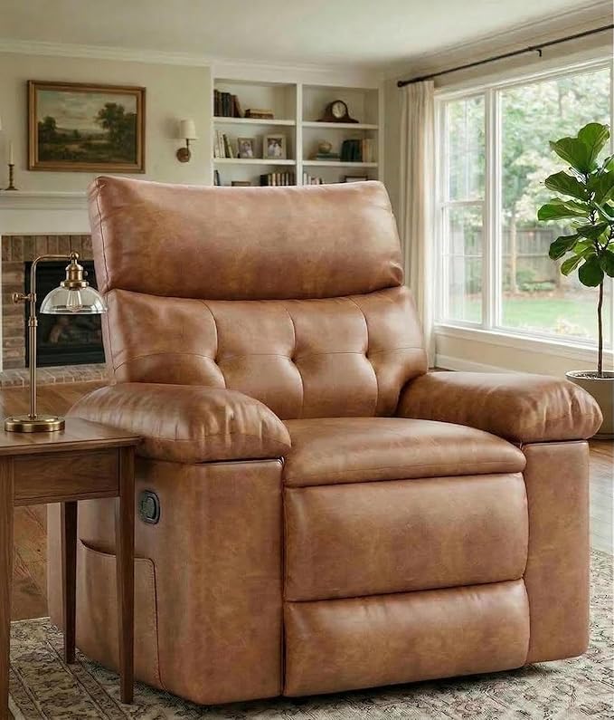 Garvee Oversized Recliner Chair - PU Leather Manual Recliner for Adults Comfy Reclining Chair with Overstuffed Arms and Back Side Pocket Single Sofa for Living Room Bedroom