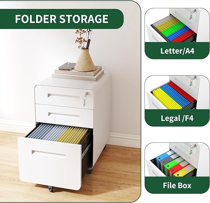 3 Drawer Wide Mobile Small File Cabinet with Lock Under All-Steel Metal Storage Cabinets on CastersDesk Storage Cabinet Organizer Filing Cabinets for Home Office Locking DrawersWhite