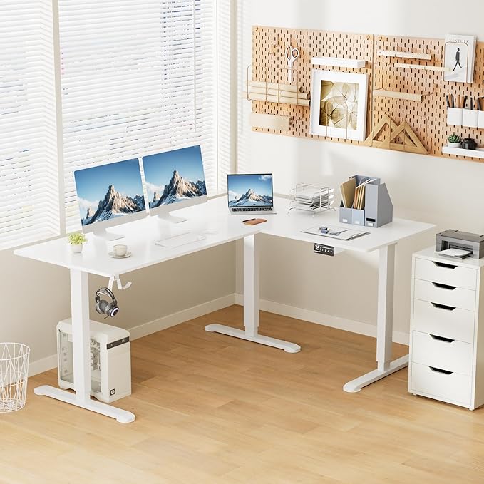 Shahoo L-Shaped Corner Standing Desk Electric Height Adjustable Table Home Office Workstation 63 x 48 Inch White