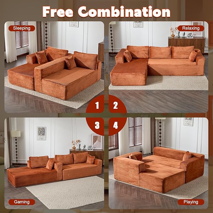 110 Modular Sectional Boneless Couchw ith Chaise LoungePlush Corduroy Upholstered Cloud CouchDeep Seat L-Shaped Floor SofaCompressed Packaging for Easy DeliveryNo Assembly NeededOrange
